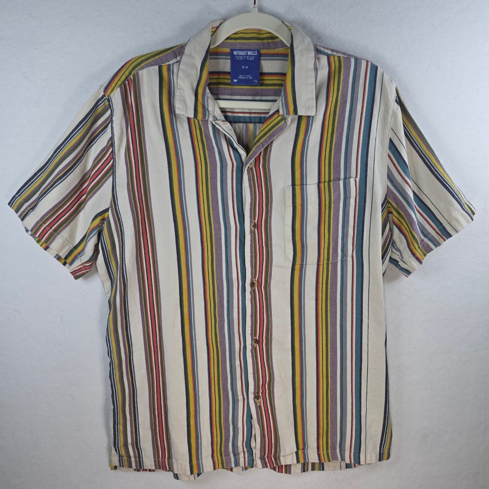 Without Walls Striped Short Sleeve Button Up Shirt Multi Color Cotton Mens M